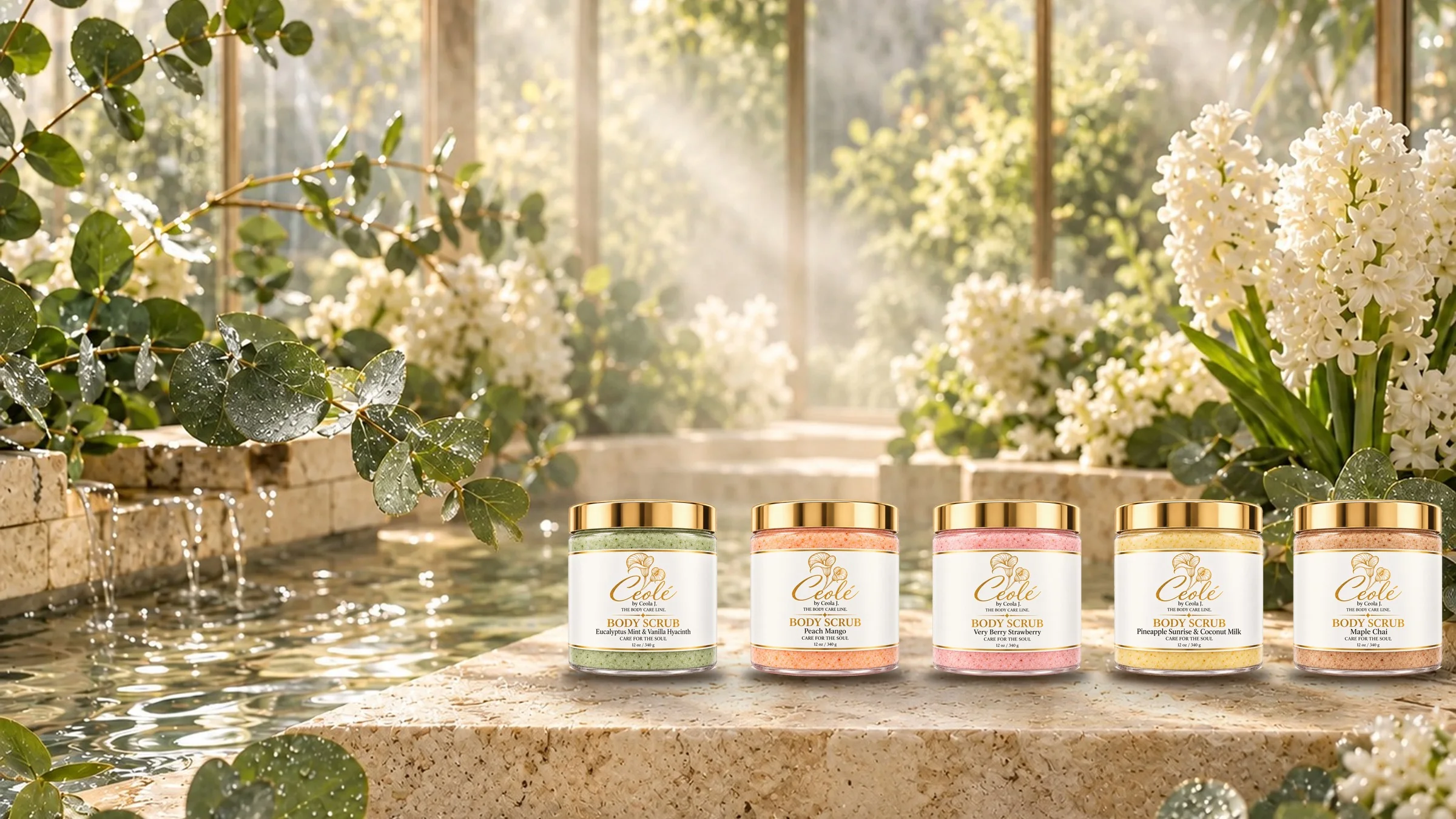 Five Ceolé body scrubs, one in each scent — Eucalyptus Mint & Vanilla Hyacinth, Peach Mango, Very Berry Strawberry, Pineapple Sunrise & Coconut Milk, and Maple Chai
