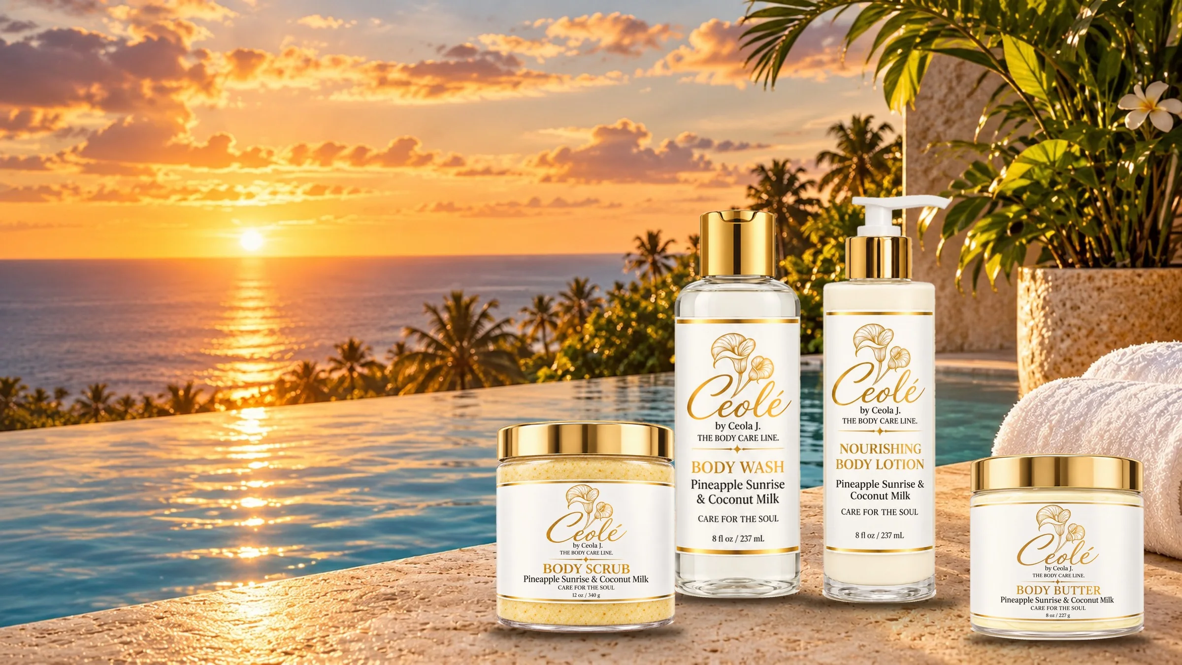 Ceolé Pineapple Sunrise & Coconut Milk collection styled at the edge of an infinity pool at sunset